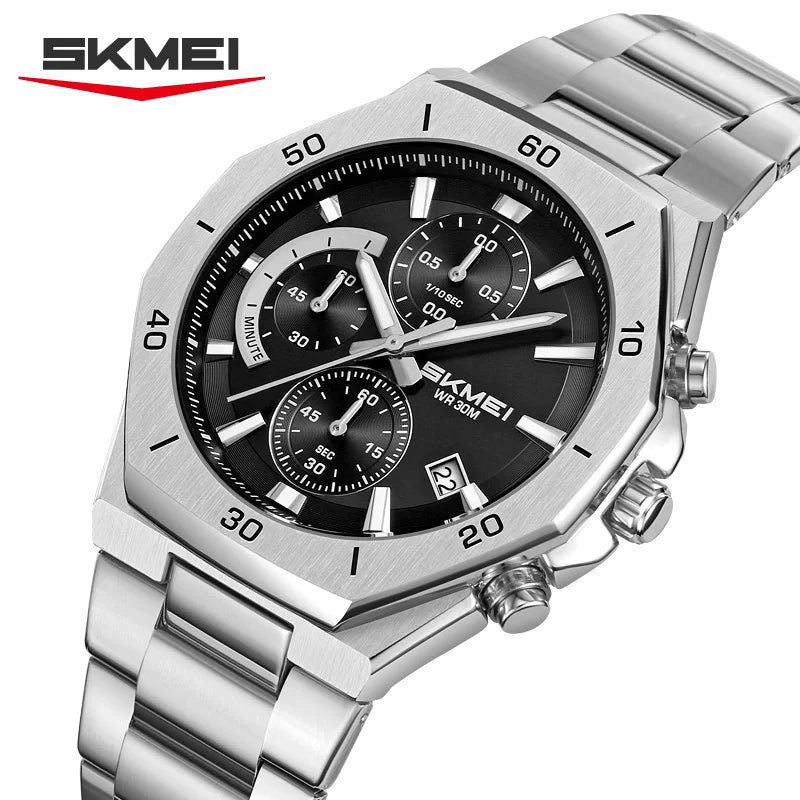 SKMEI Chronograph Watch for Men - Luxury Business Watch - Stainless Steel Finish